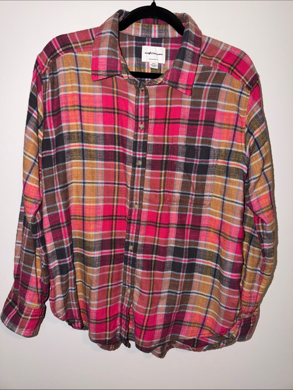 American Eagle Outfitters Pink & Brown Plaid Button-Down Shirt